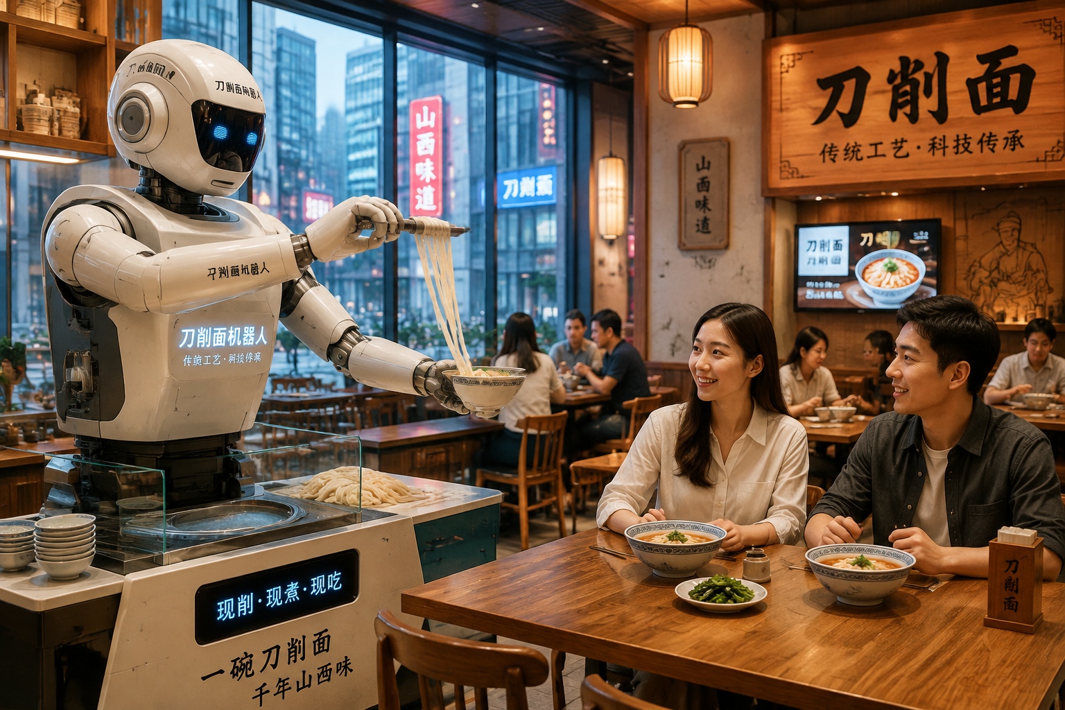 Robot servers delivering food in a high-tech modern Chinese restaurant