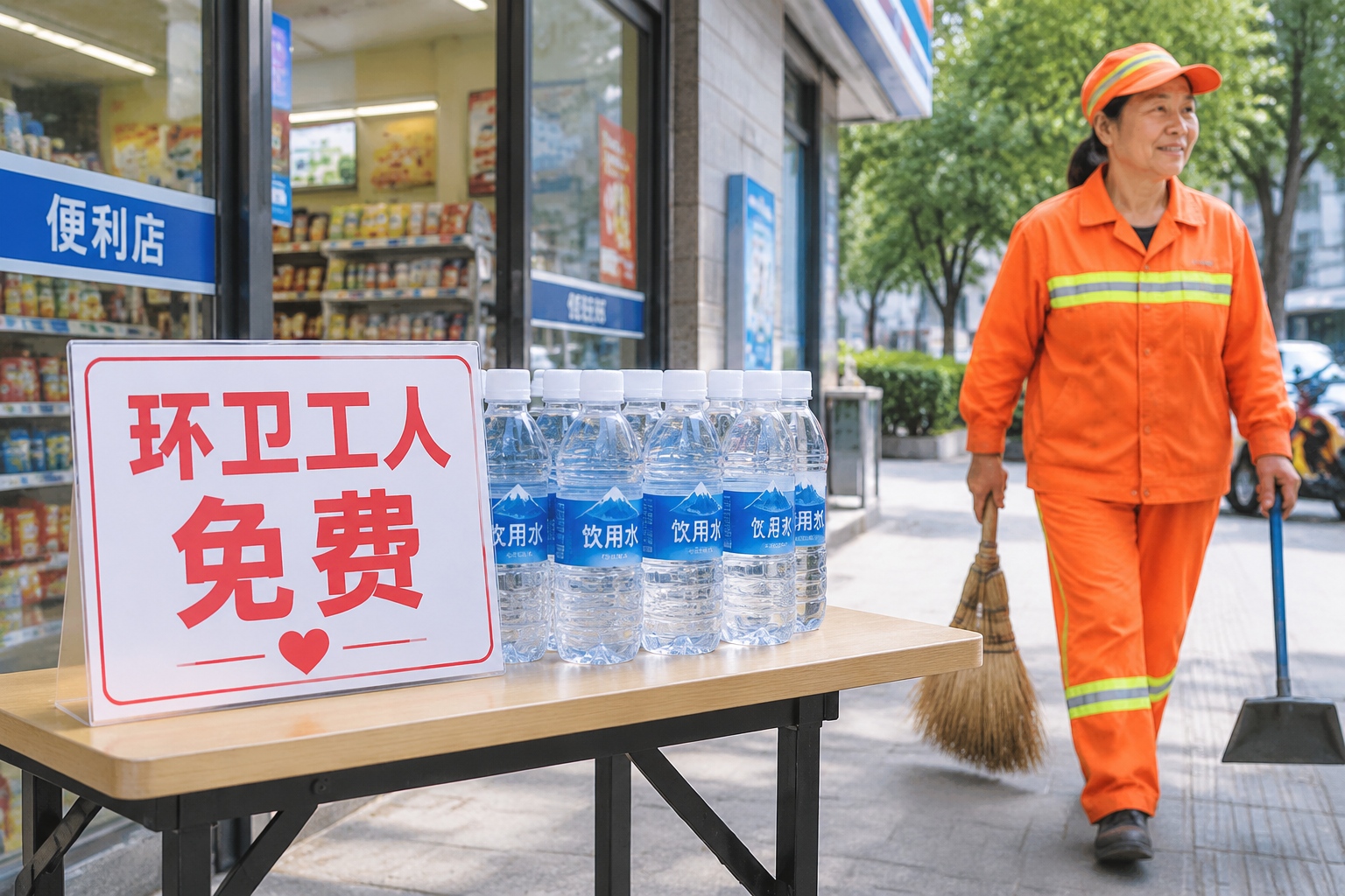 A small table outside a Chinese convenience store displaying free water bottles for sanitation workers, with a handwritten sign in Chinese characters