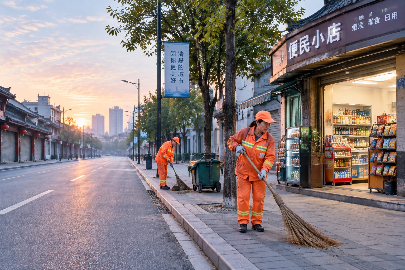 Dawn scene in a Chinese city showing sanitation workers cleaning streets near open shops before sunrise
