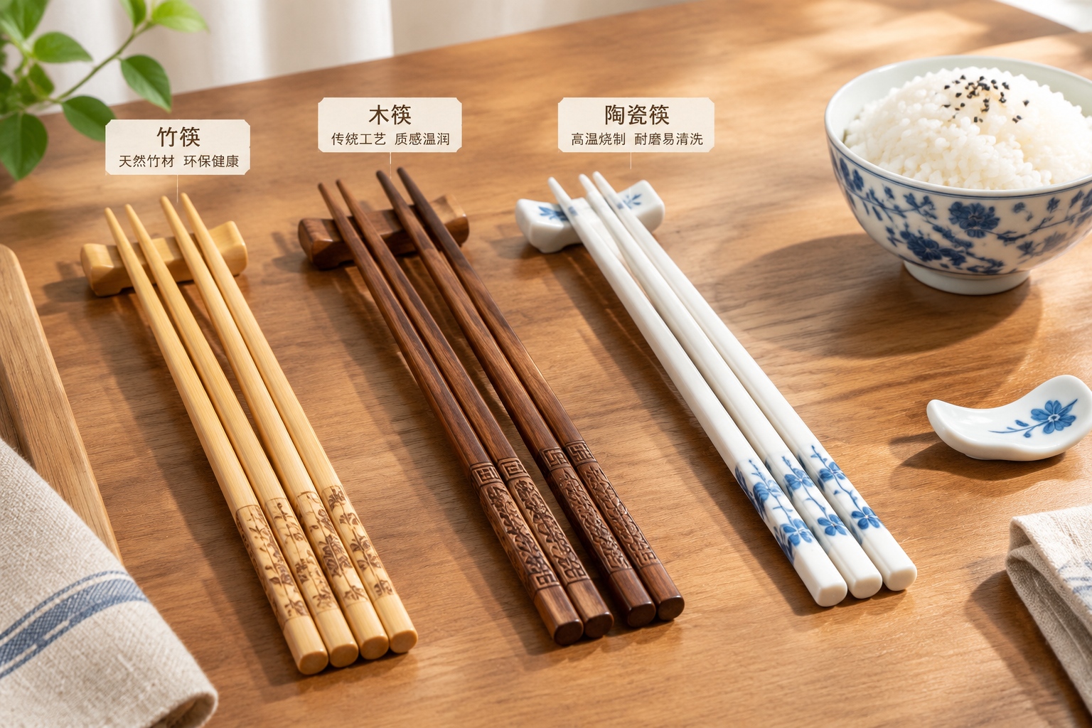 Variety of traditional Chinese chopsticks made from bamboo and wood displayed on a dining table