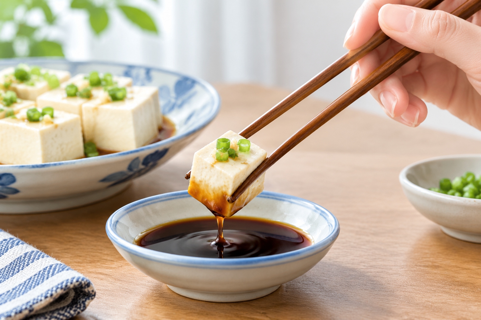 Macro photography of hands using chopsticks to delicately lift a piece of tofu showing culinary precision