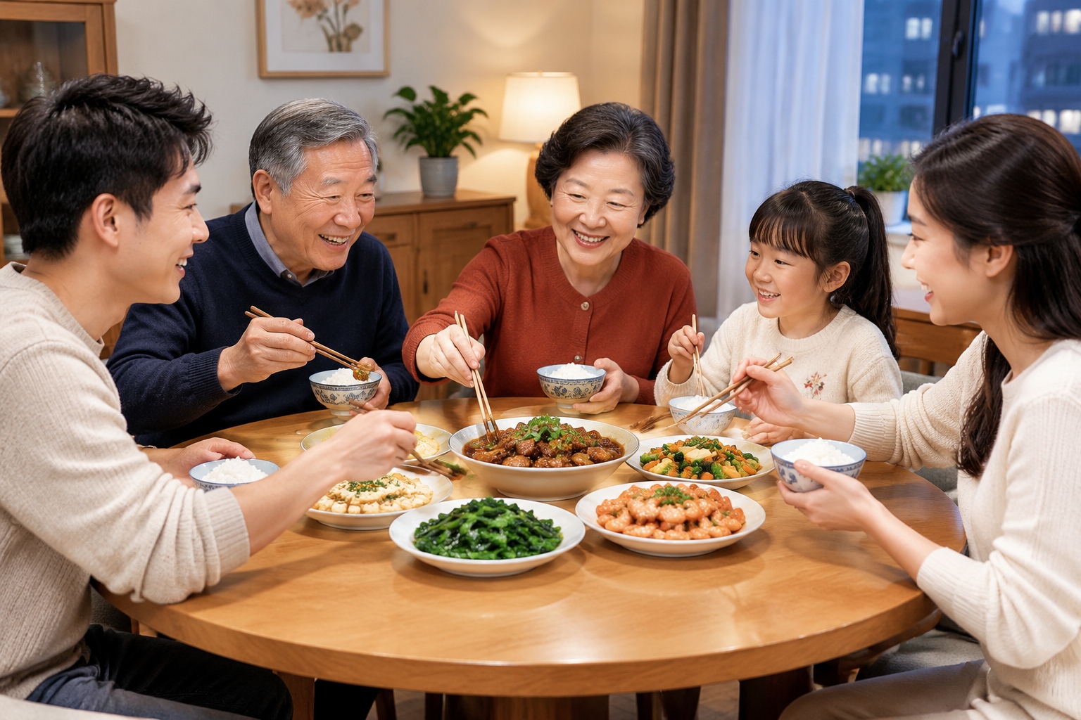 Multi-generational Chinese family sharing a traditional dinner together using chopsticks at home