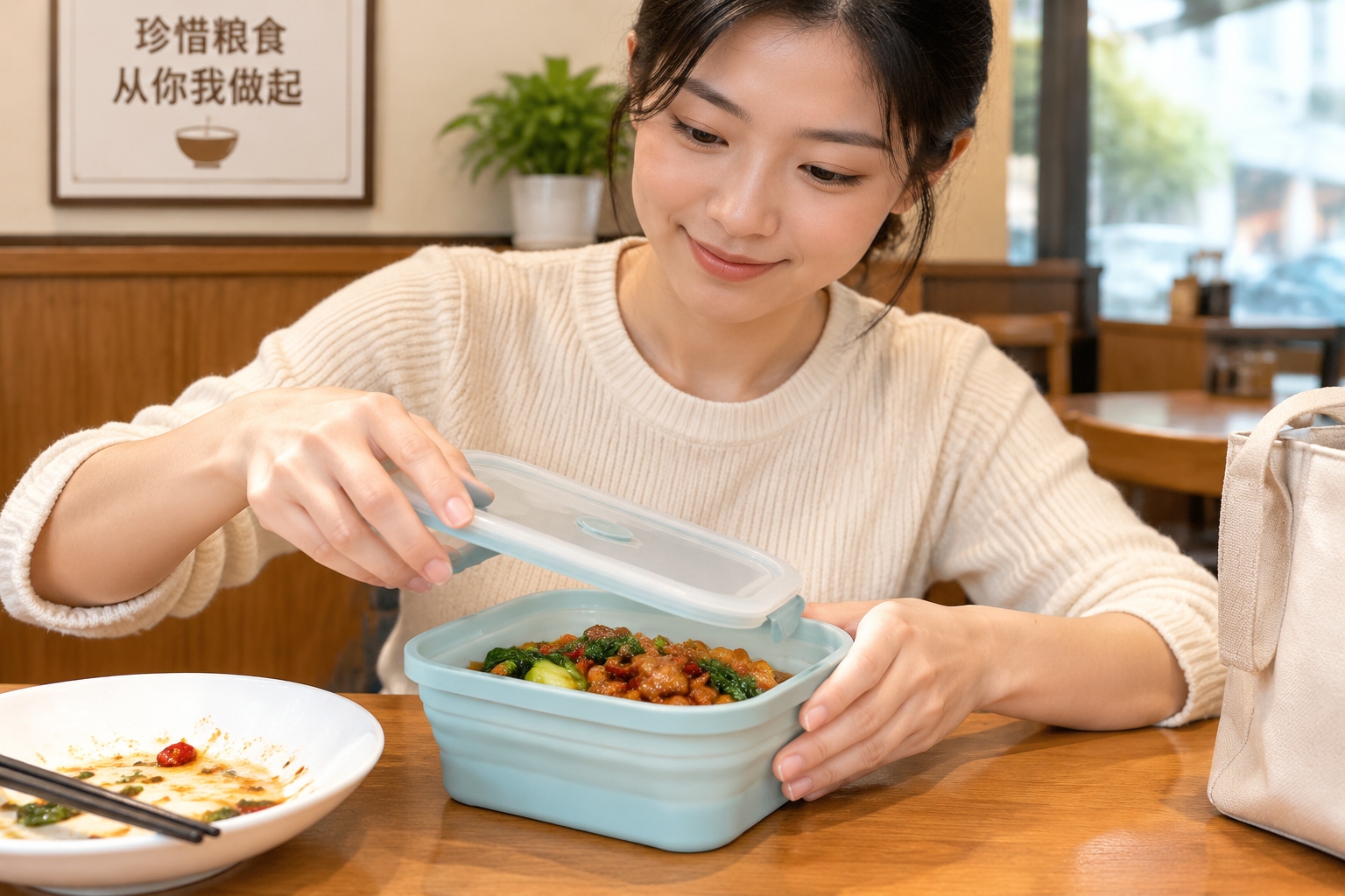 A close-up view of a diner packing leftover braised pork into a reusable silicone container at a Chinese restaurant, highlighting the cultural habit of Dabao.
