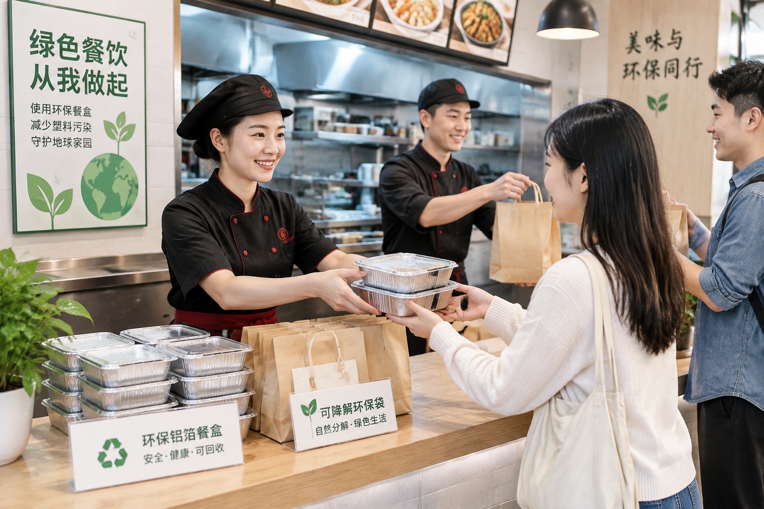 Restaurant staff providing eco-friendly packaging for customers to take their food away, showcasing the system behind China's packing culture.