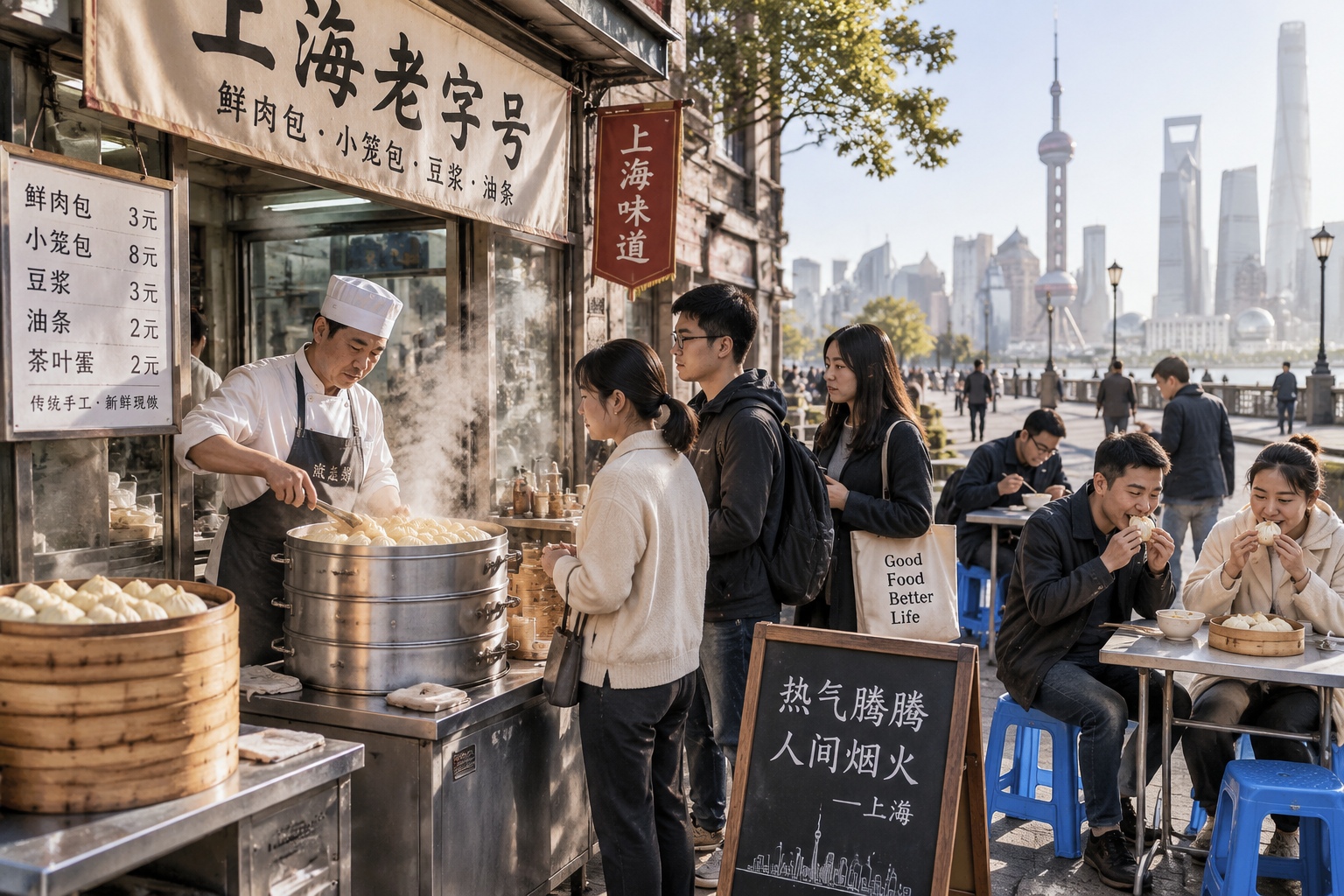 Busy Chinese street food vendor preparing steamed dumplings for customers in the morning