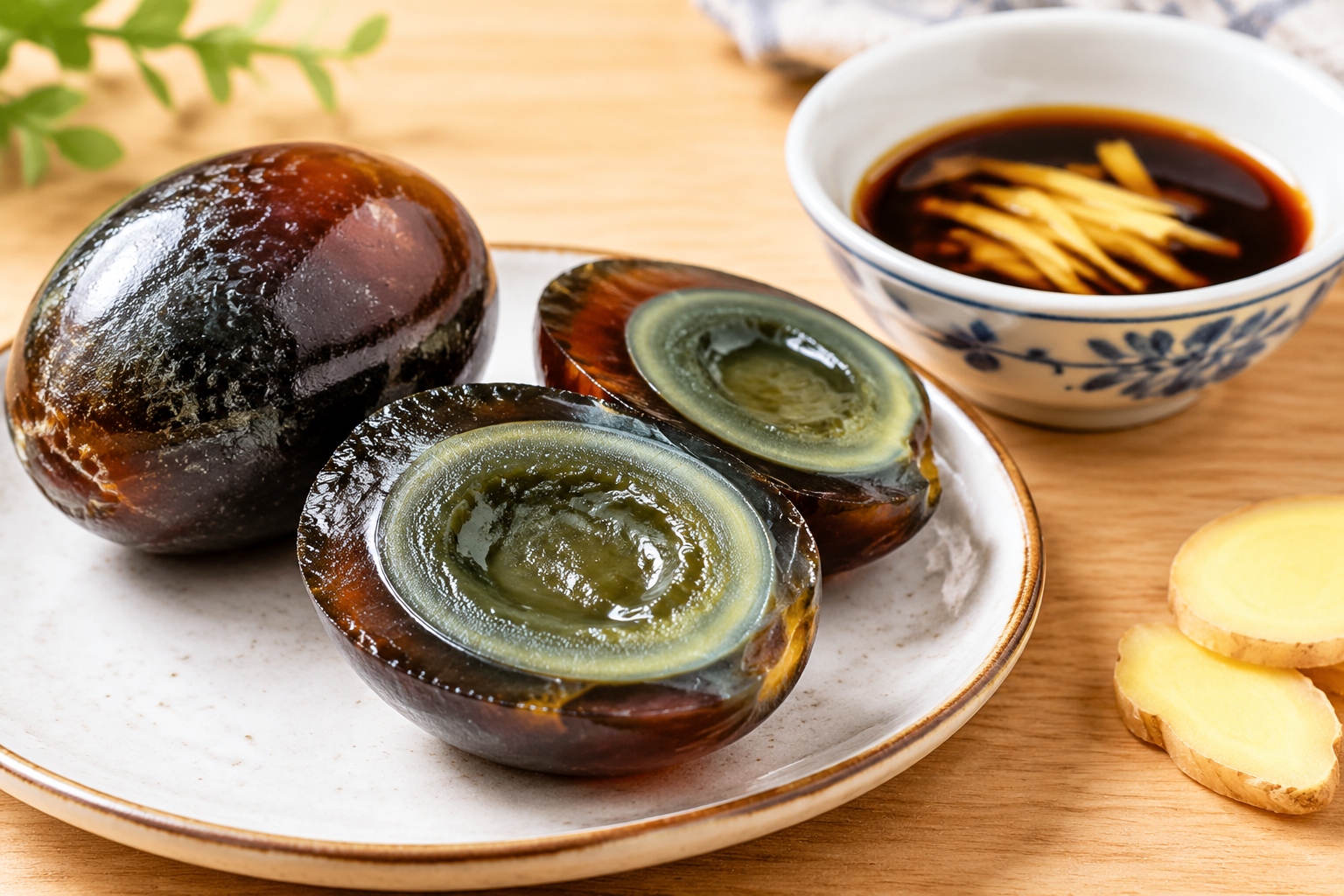 Century Eggs: I Tried the 'Devil's Egg' and Lived to Tell the Tale 23 Close up of a sliced century egg served with soy sauce and ginger on a white ceramic plate