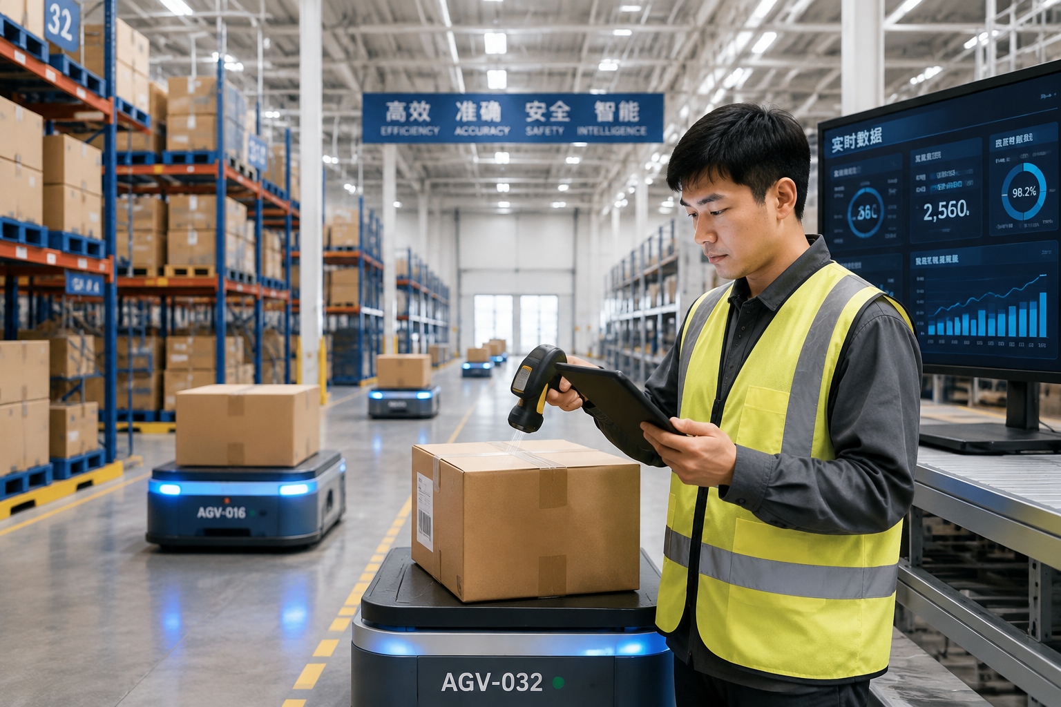 Automated robots and a logistics worker monitoring inventory in a high-tech Chinese warehouse