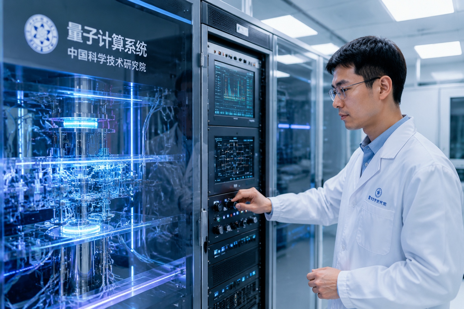 Researchers working on quantum communication infrastructure in a high-tech laboratory