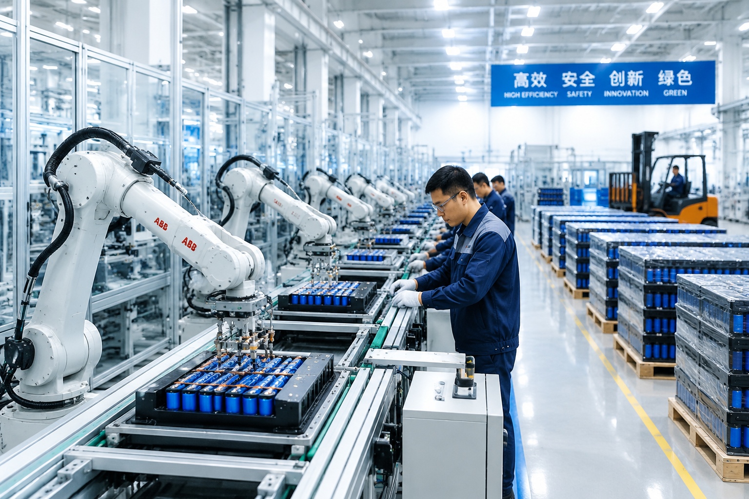 Automated production line manufacturing high-tech lithium-ion batteries in China