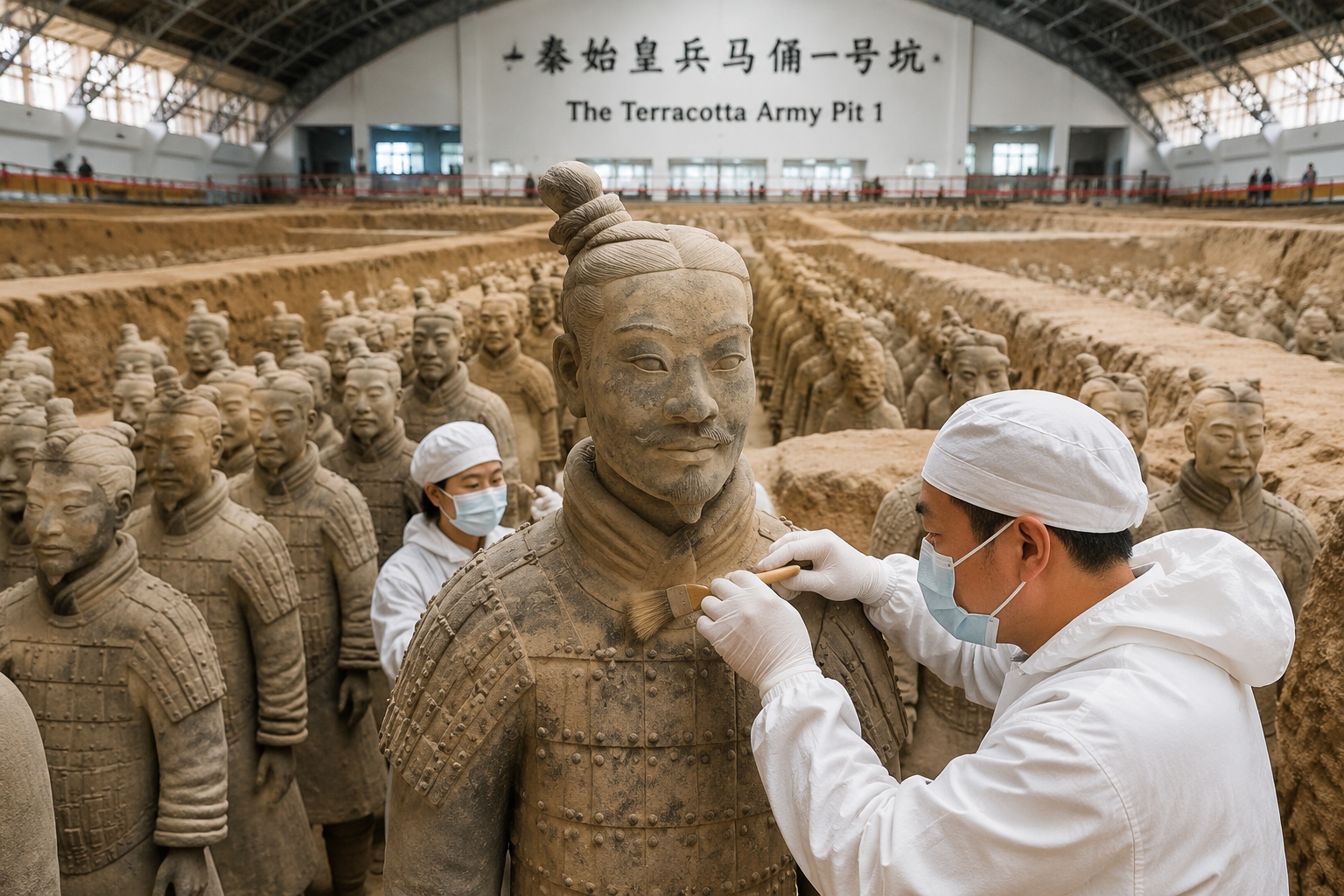 Rows of ancient terracotta warrior statues in a large underground pit at the Emperor Qinshihuang's Mausoleum Site Museum, with archaeologists preserving artifacts