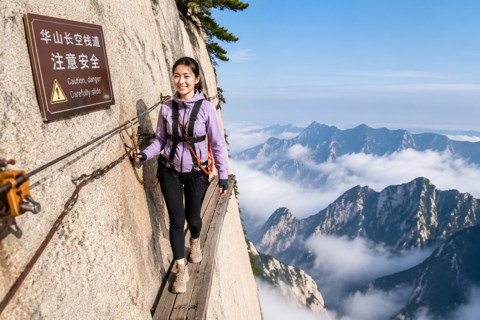 Tourist carefully traversing the Plank Walk path on the steep cliffs of Mount Hua