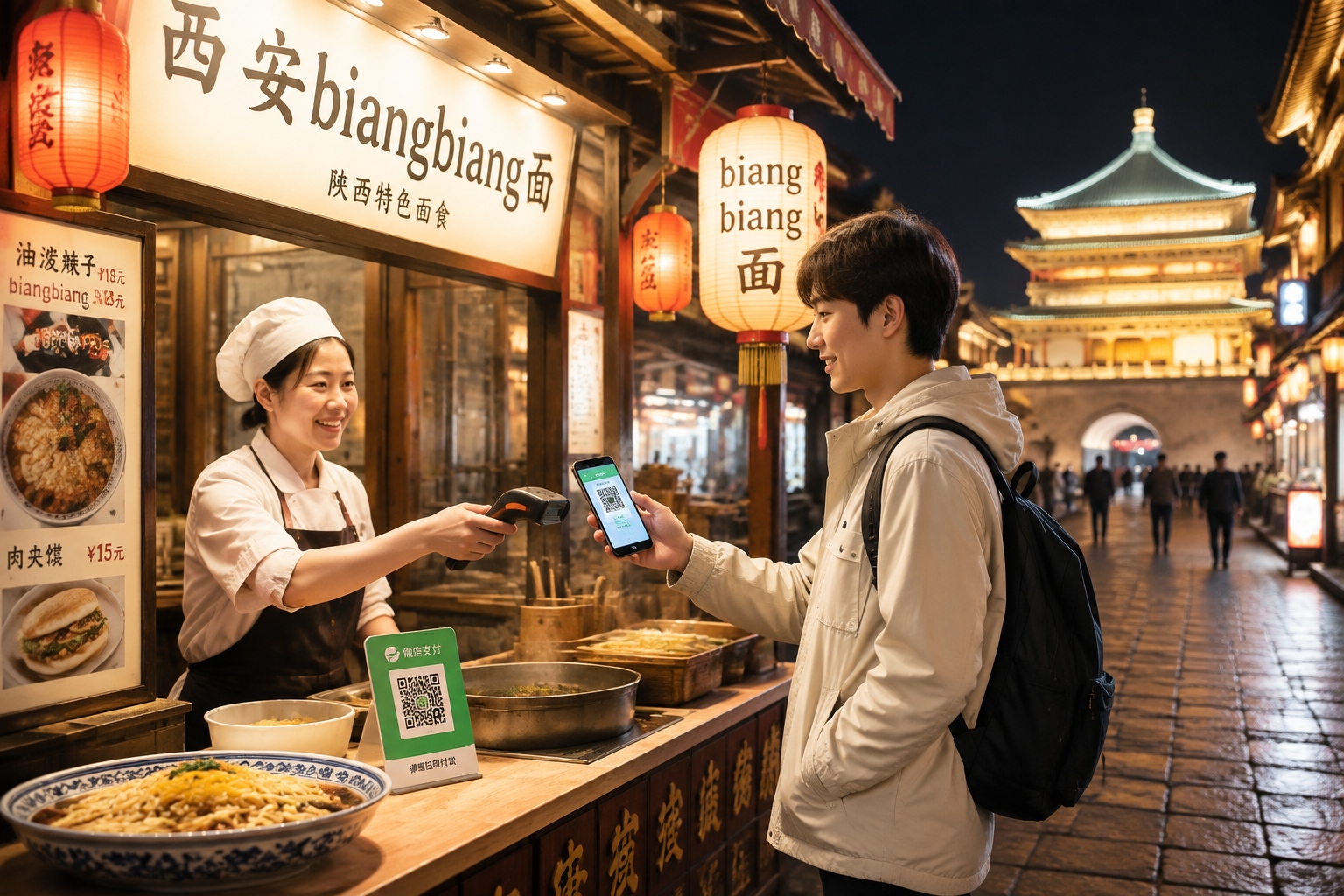 Close-up of a teenager paying for noodles with a mobile phone at a bustling night market in Xi'an, standing on ancient stone pavement near the city wall