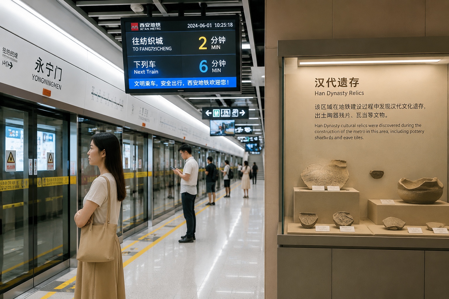 Modern subway station in Xi'an featuring digital information boards next to an exhibition of ancient pottery artifacts discovered underground