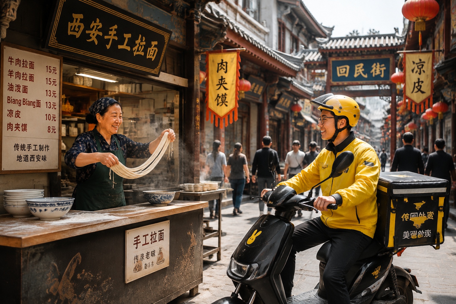 Traditional noodle making in Xi'an's Muslim Quarter with a modern delivery driver waiting in the background