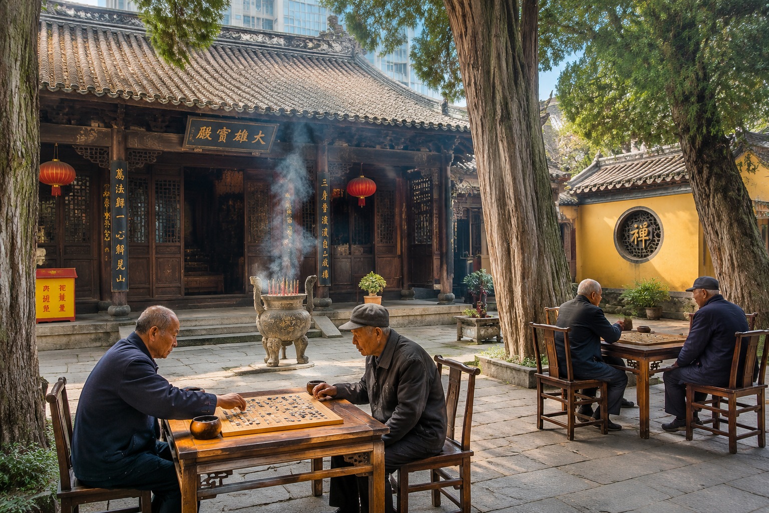 Elderly locals playing board games under ancient trees in a quiet temple courtyard in Xi'an