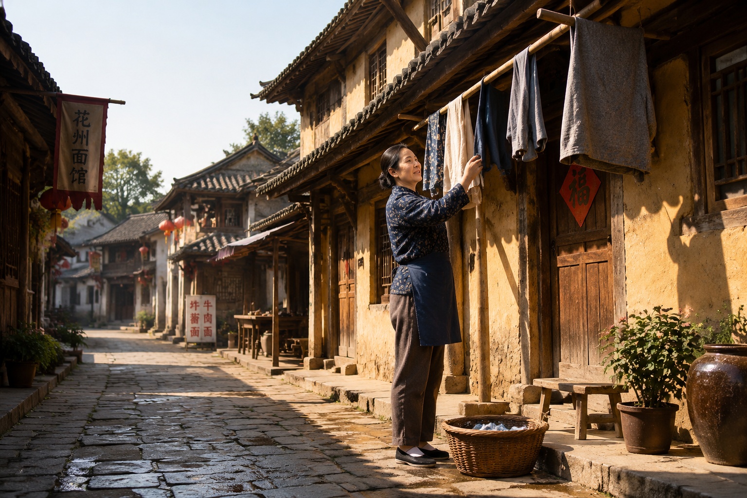 Ancient stone streets and traditional buildings in Huazhou Ancient City with locals hanging laundry