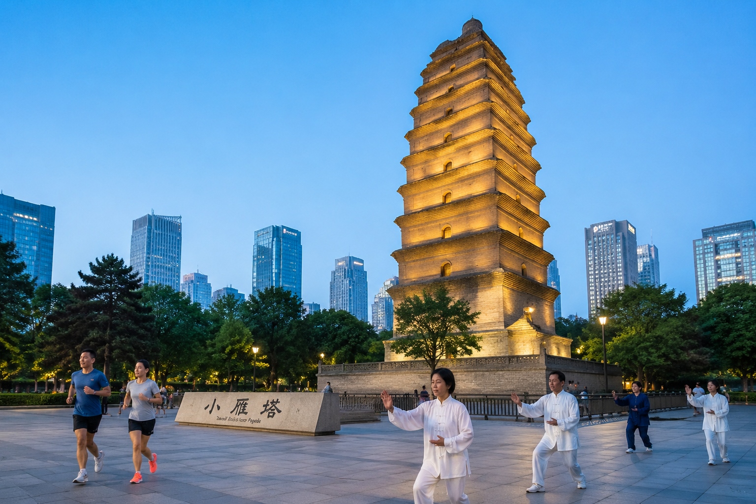 Small Wild Goose Pagoda illuminated at night with modern city skyline in the background