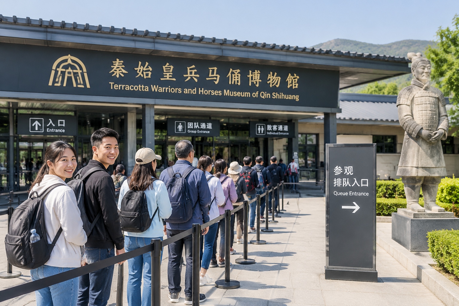 A wide angle view of the entrance to the Terracotta Warriors museum where a local elderly man sits quietly near the tourist queue, illustrating the blend of ancient history and daily life in Xi'an, Shaanxi.