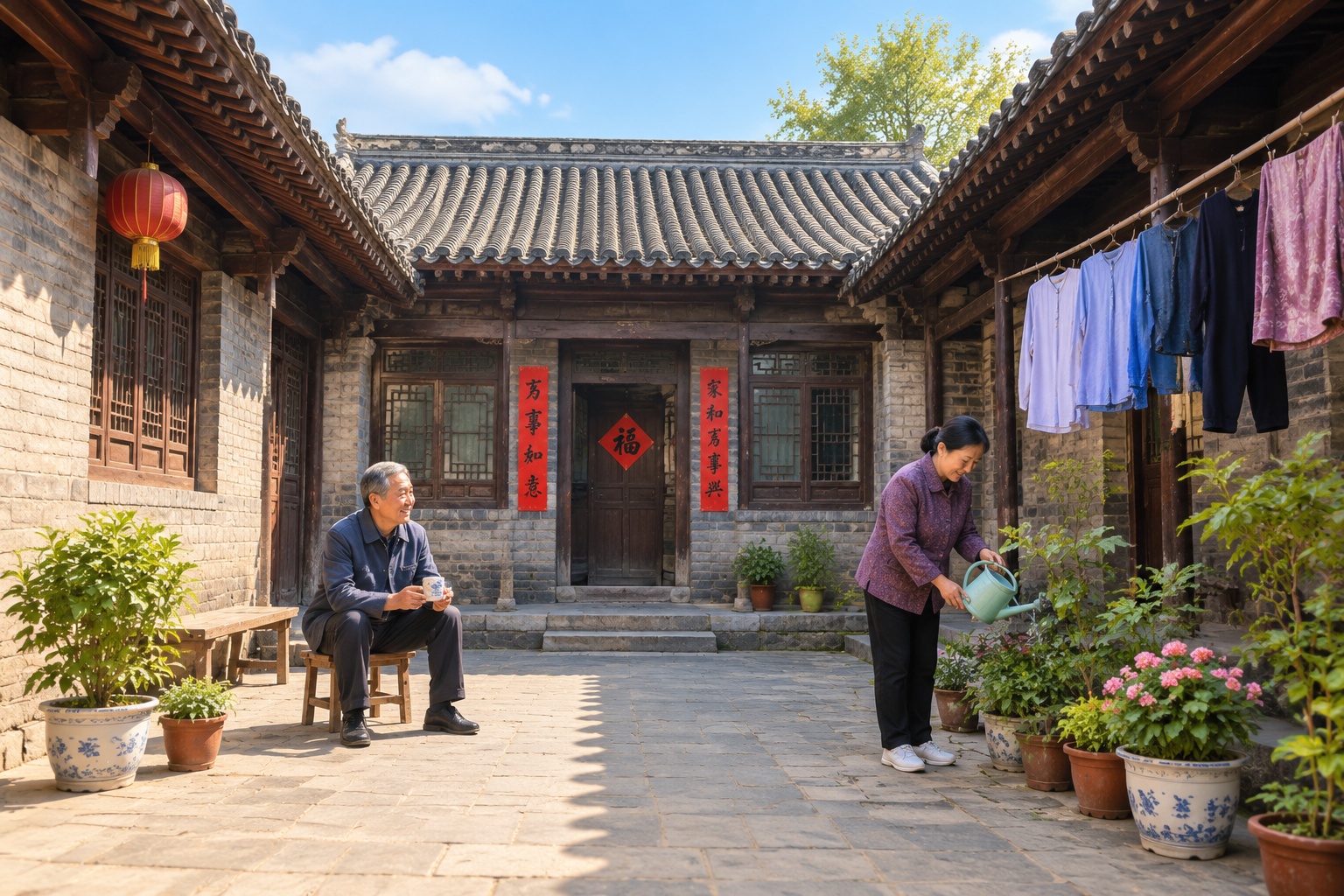 A quiet traditional Chinese courtyard in Shaanxi featuring potted orchids and laundry hanging under deep wooden eaves, showcasing the inward-focused architecture design.