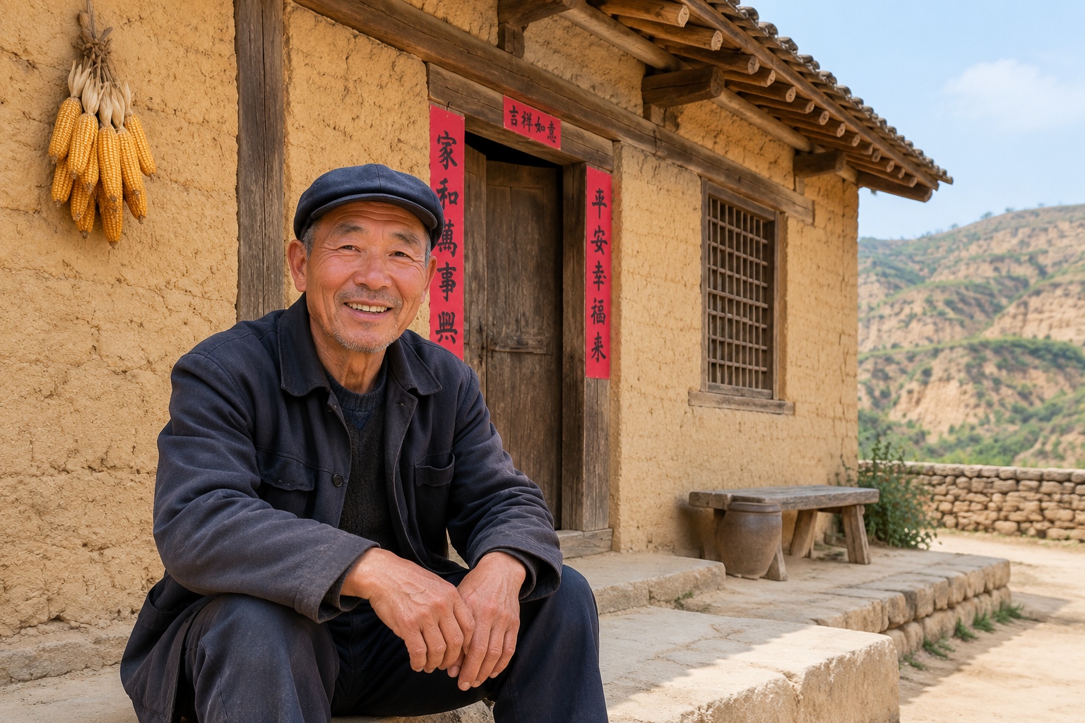 A close-up view of traditional loess architecture in rural Shaanxi, showing the texture of compressed yellow earth walls and wooden structural supports blending with the landscape.