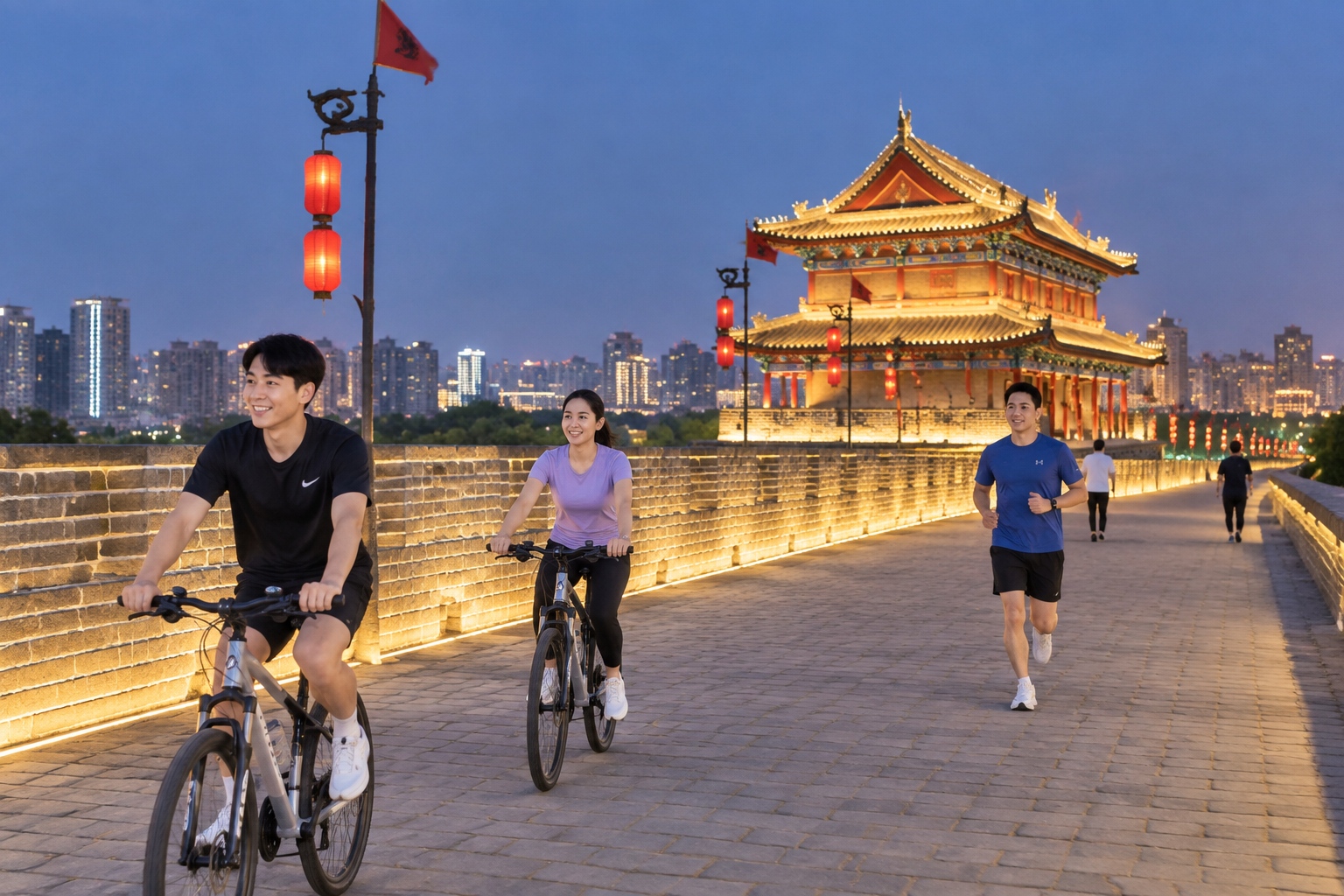 Cyclists and pedestrians enjoying the night view on top of the illuminated ancient city walls of Xi'an, demonstrating the integration of historical sites into modern recreational activities.