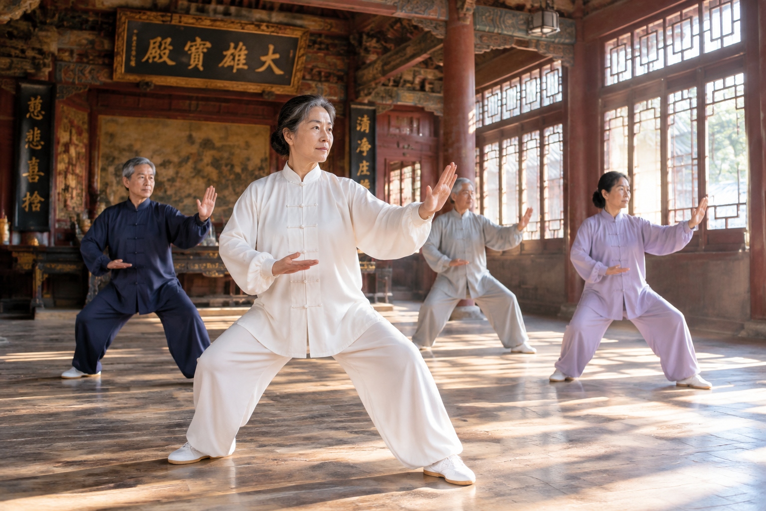 A group of elderly people practicing Tai Chi inside a historic temple courtyard in Shaanxi, surrounded by ancient wooden carvings and stone structures.