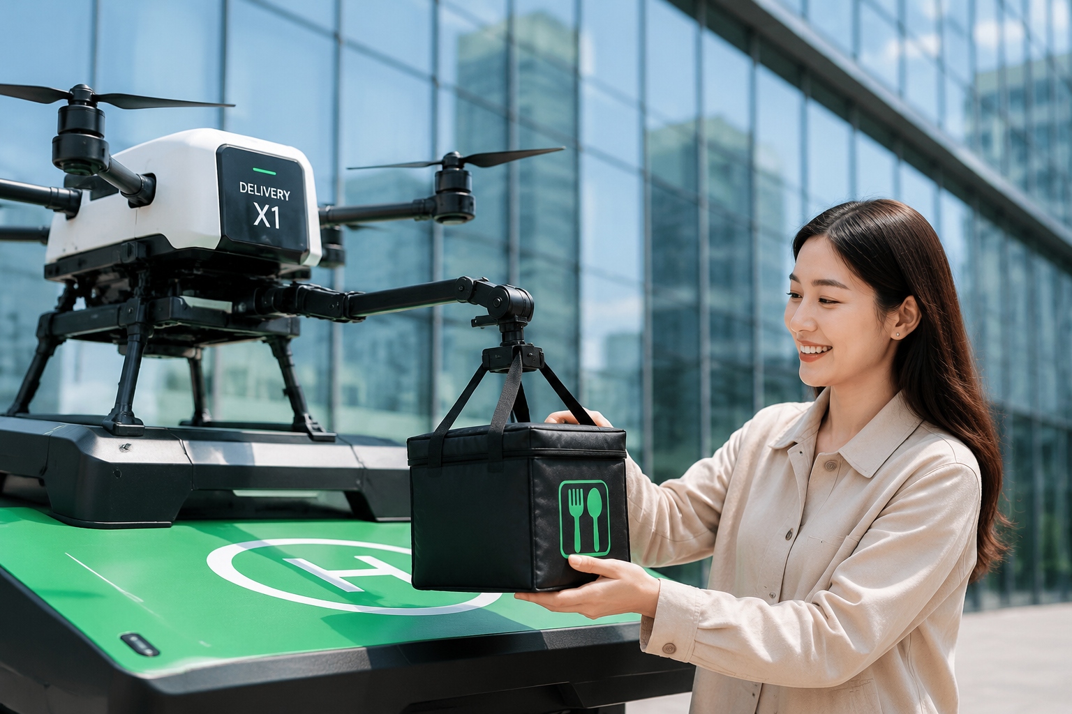 Drone delivering food package to customer in Shenzhen using automated landing system