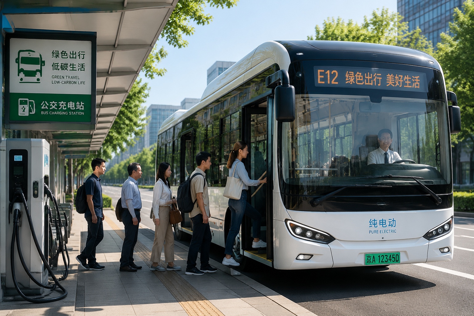 Decoding Zero-Carbon Living: How Tech Is Reconciling Us with Earth 22 Modern electric bus in Shenzhen charging infrastructure with passengers boarding