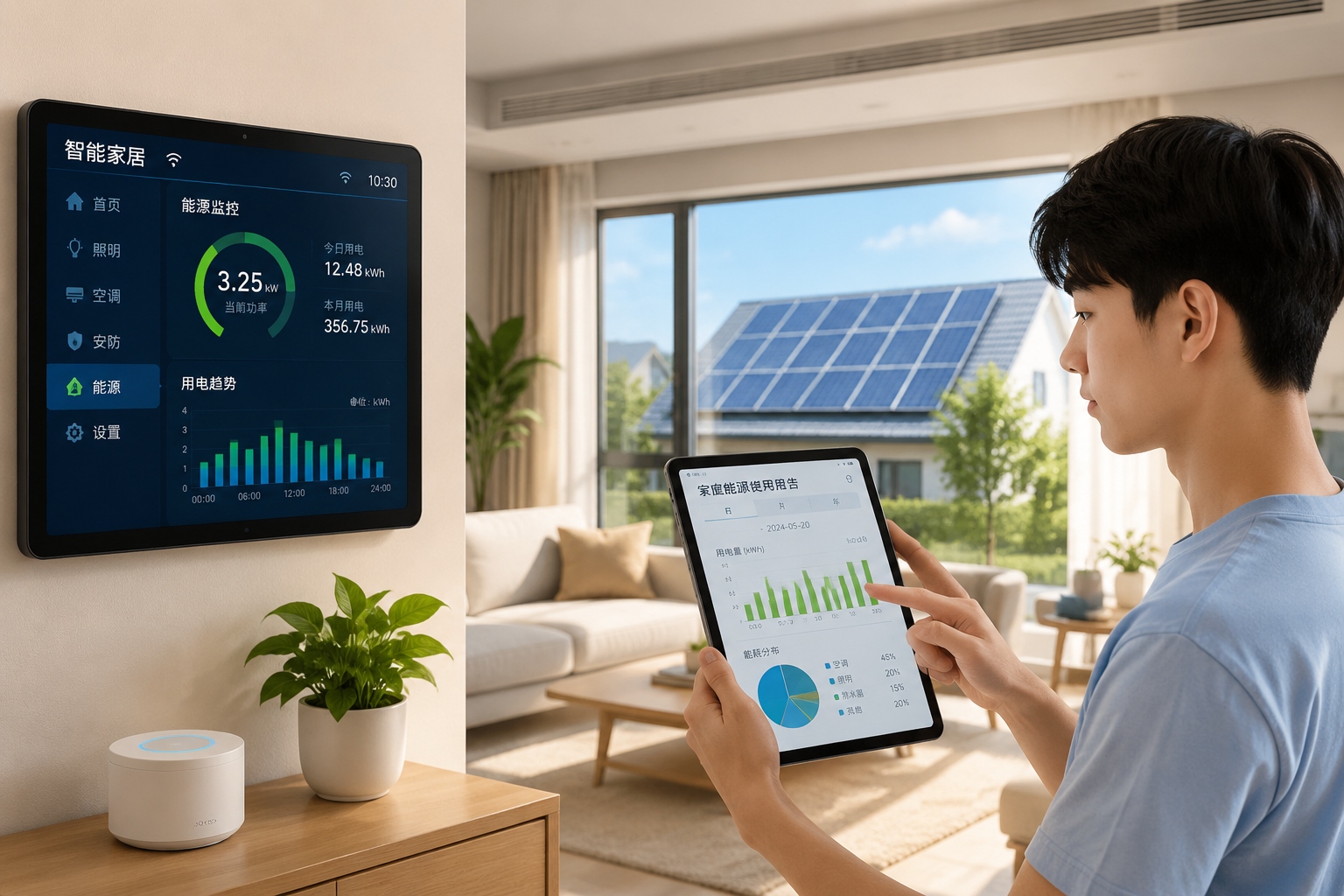 Decoding Zero-Carbon Living: How Tech Is Reconciling Us with Earth 23 Smart meter and solar panels in a sustainable Chinese home interior