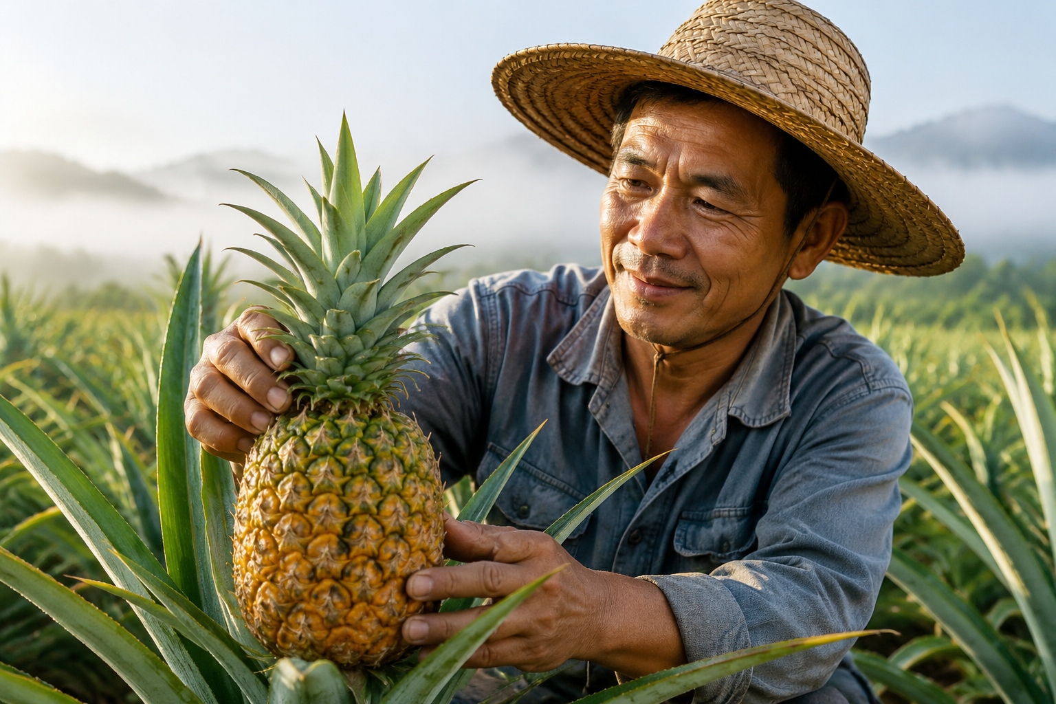 Farmer checking ripeness of pineapples in Zhanjiang's Pineapple Sea early morning