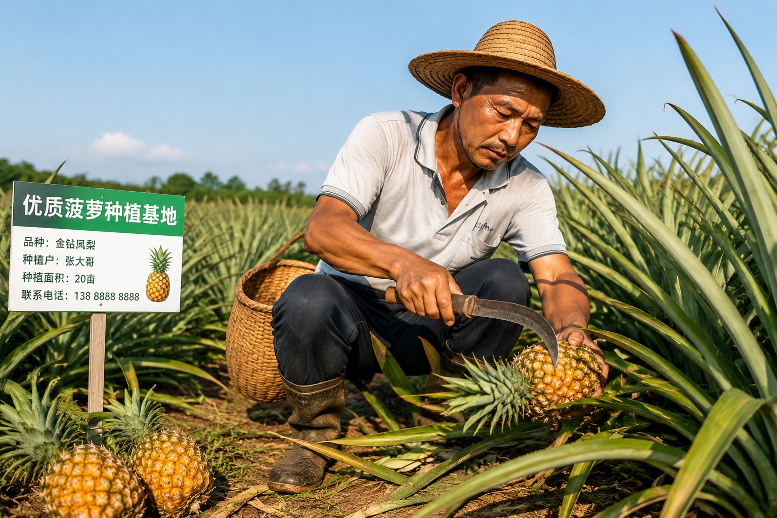 Farmer harvesting pineapples with a curved knife in a Zhanjiang plantation