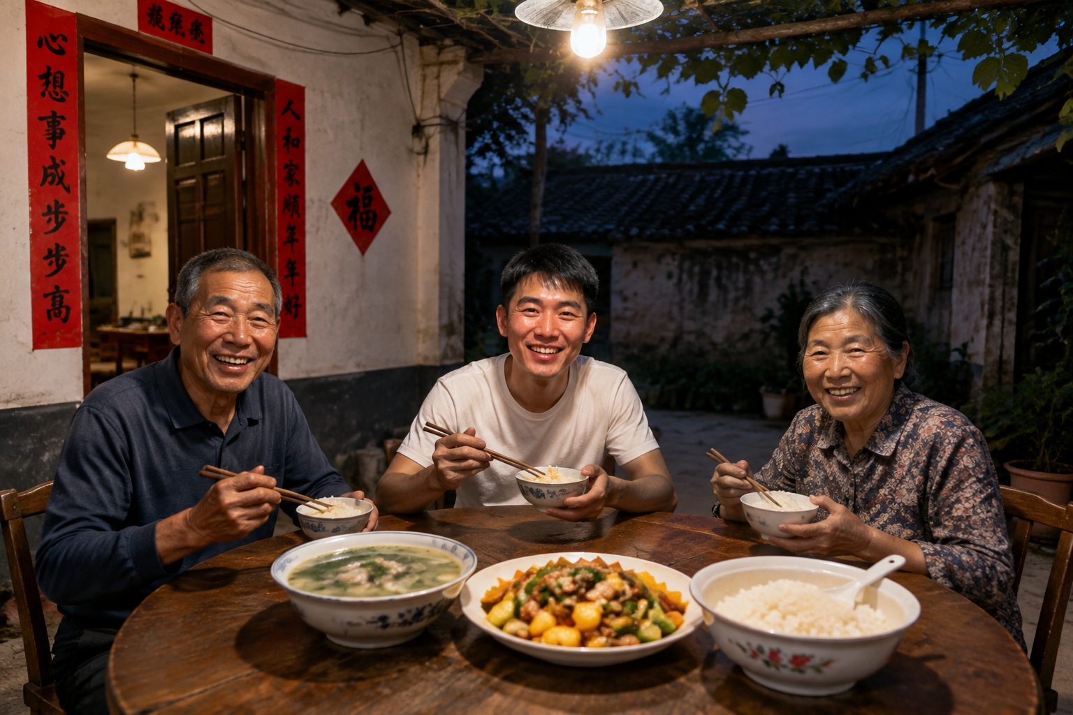 Farming family eating dinner together in a village courtyard in Guangdong