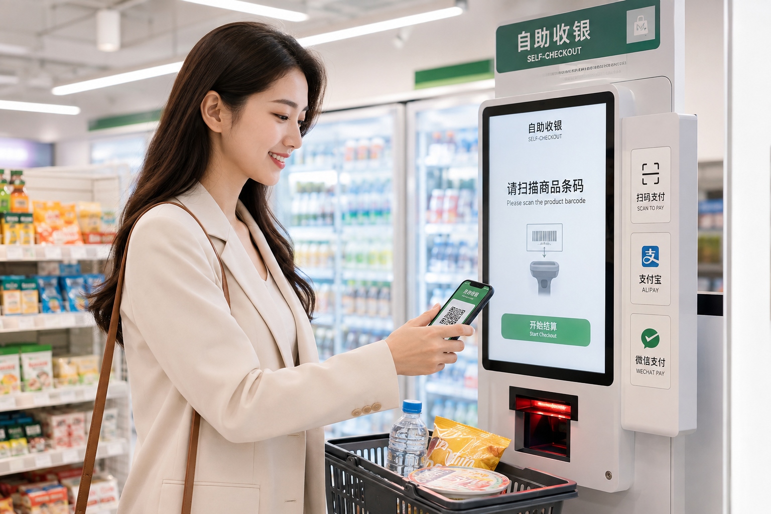 Meeting the Future in Convenience: How Ordinary Days Reshape Consumption Scenarios 22 A young professional in casual office wear scanning a QR code on their smartphone to pay at a self-checkout kiosk inside a bright, modern convenience store in China.