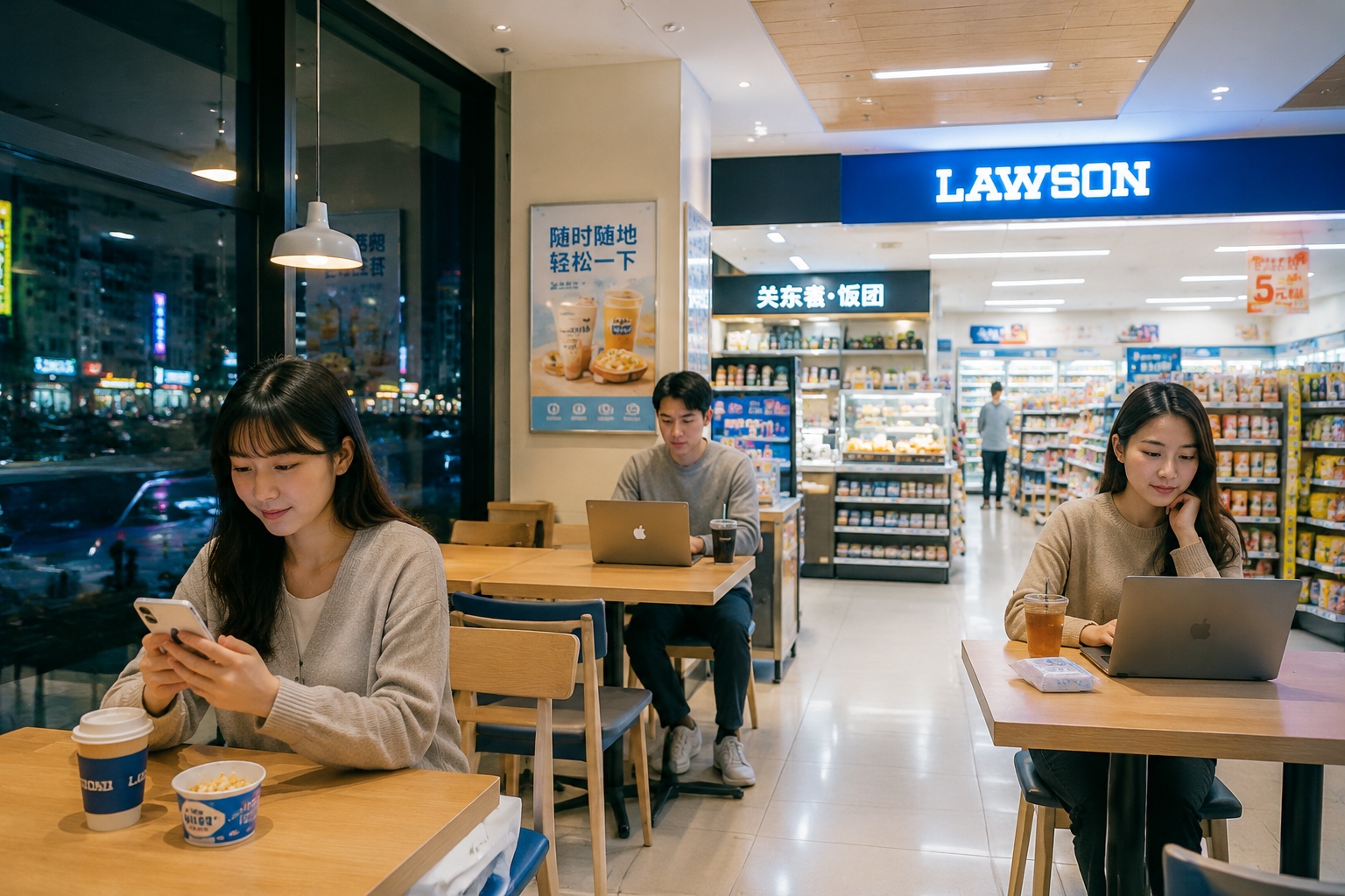 Meeting the Future in Convenience: How Ordinary Days Reshape Consumption Scenarios 23 A cozy evening scene inside a Chinese convenience store where customers sit at tables with laptops and smartphones, enjoying drinks while the city lights glow outside the large windows.