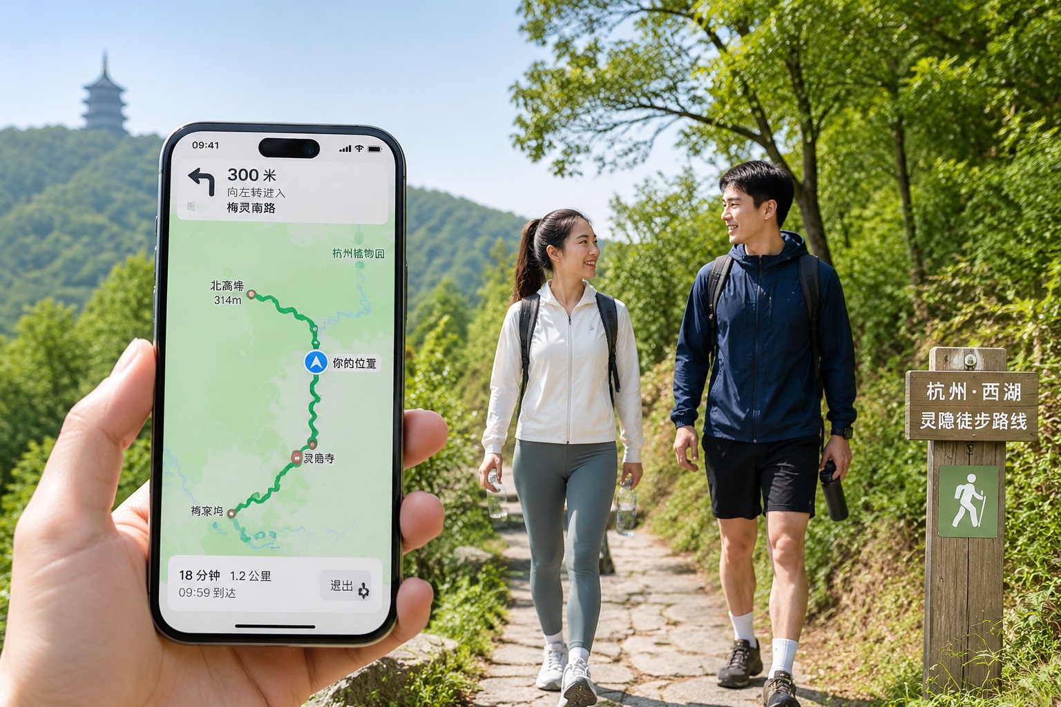 Smartphone screen showing a map app for hiking trails in Hangzhou, with hikers visible in the lush green forest background.