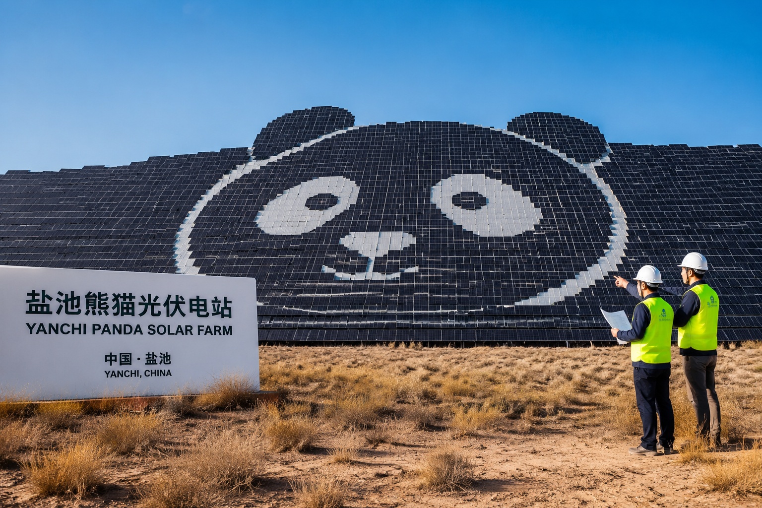 Ground level view of the panda shaped solar panels in Yanchi Ningxia China with desert landscape
