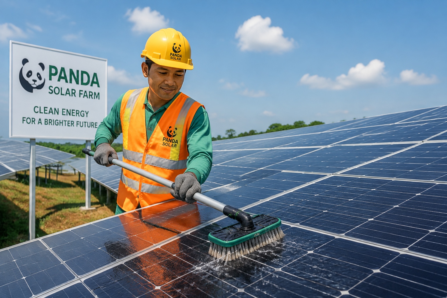 Chinese local technician maintaining solar panels at the panda shaped renewable energy farm in Ningxia