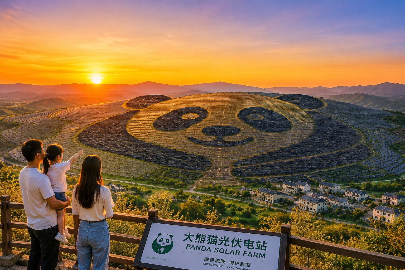 Sunset landscape of the Yanchi panda solar farm illuminating a nearby rural community in Ningxia