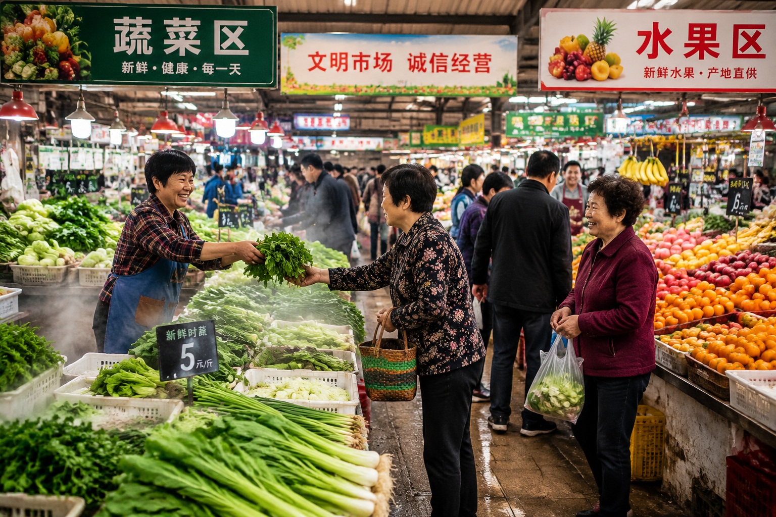 A vibrant and busy traditional wet market filled with fresh produce and colorful stalls