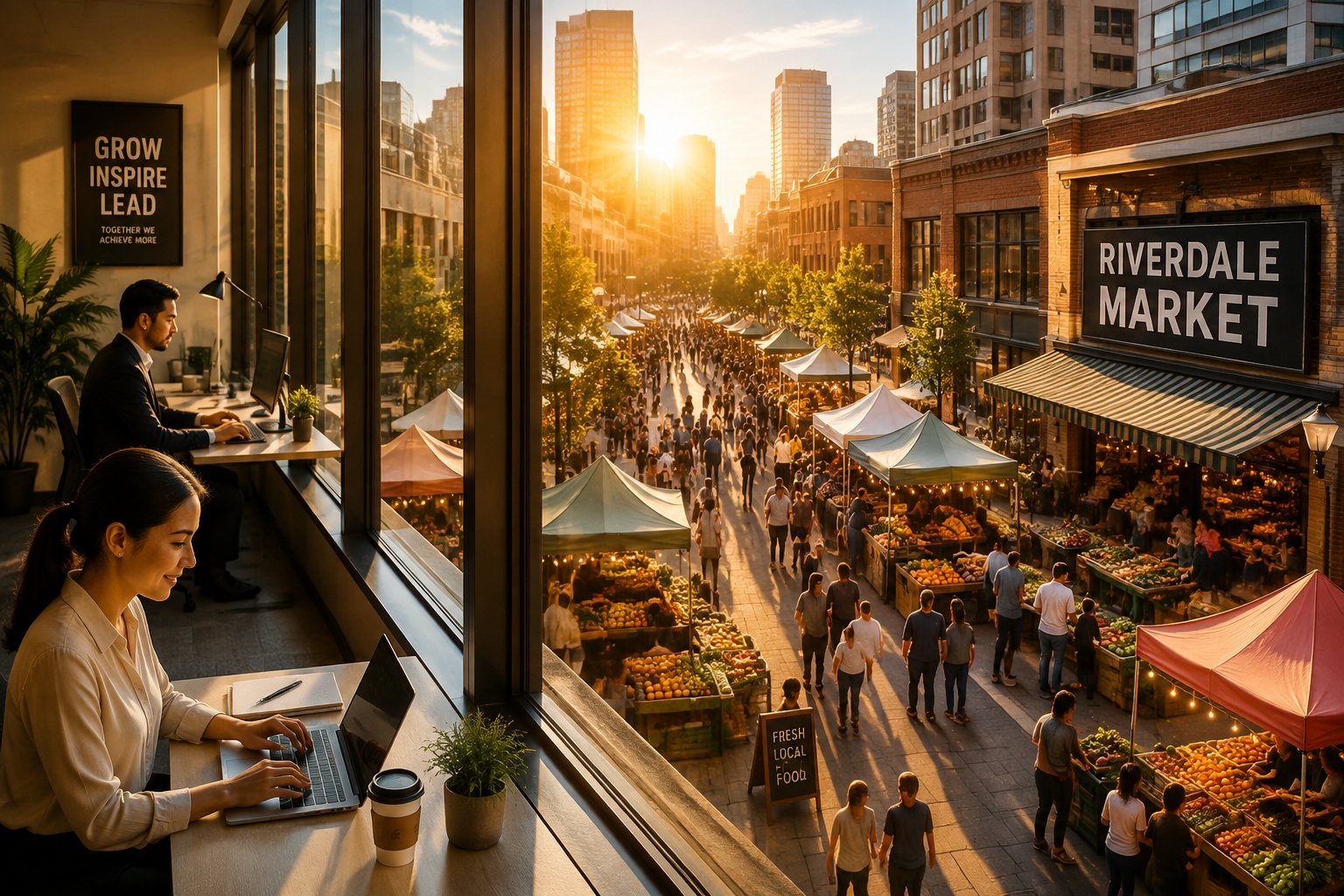 City view from an office window overlooking a bustling market street