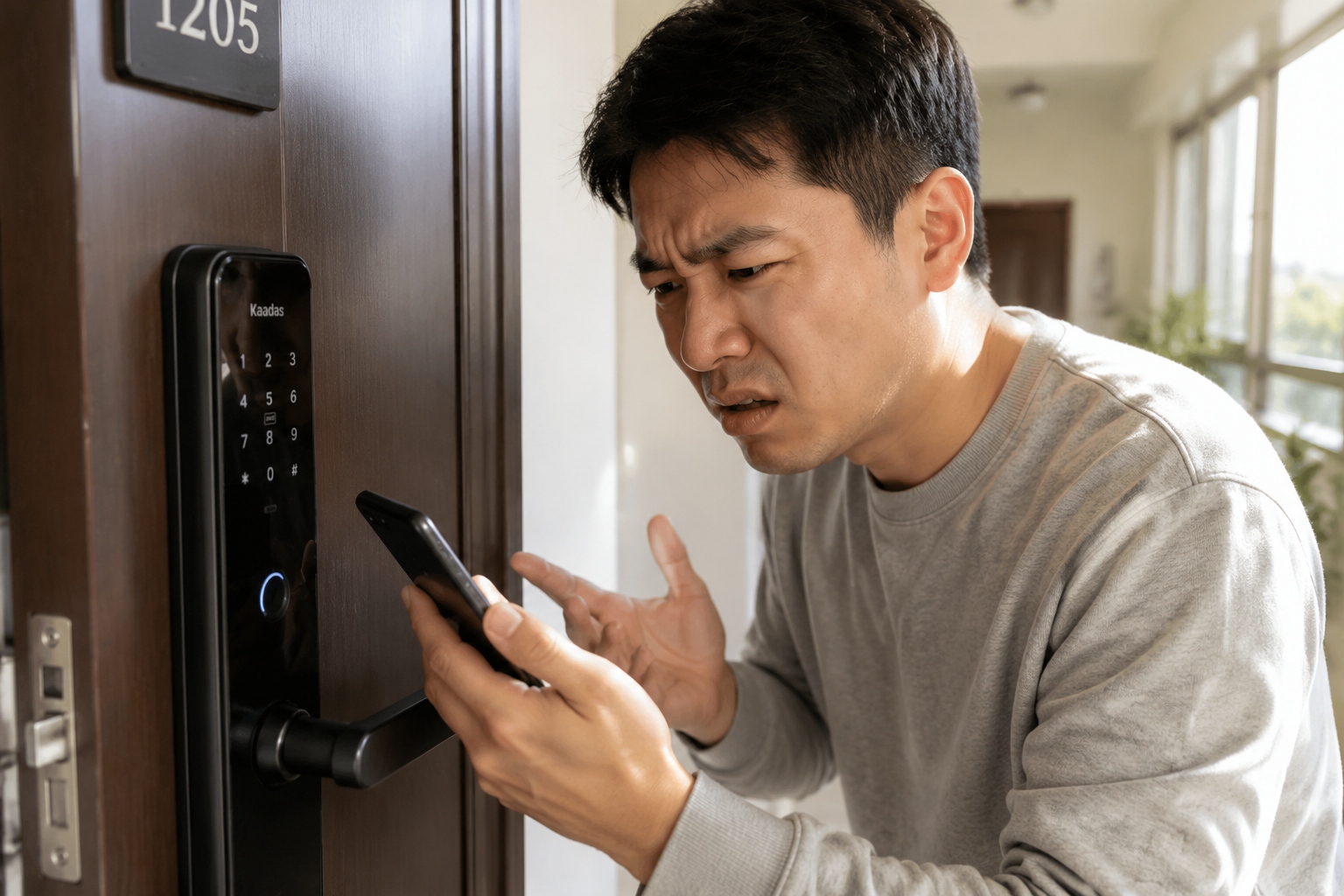 A close-up of a person's hand trying to open a jammed smart door lock in a Beijing apartment hallway during morning rush hour.