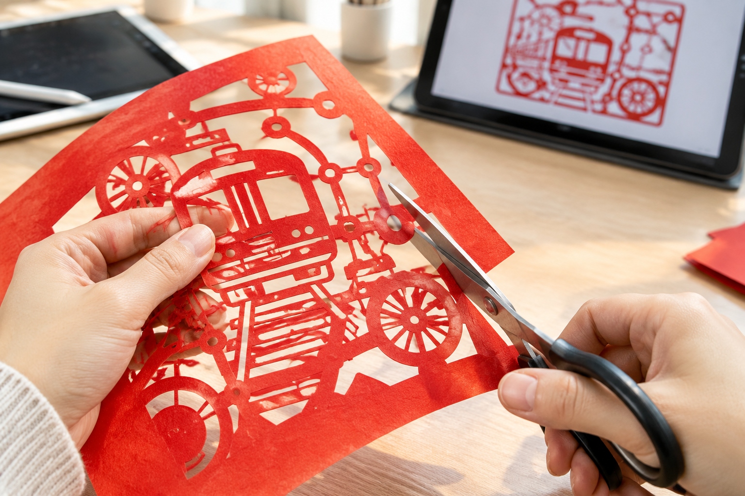 Millennium Magic on Fingertips: Unveiling the Lost Art of Modern Chinese Paper Cutting 22 A close-up view of a young artisan's hands using steel scissors to cut intricate red paper patterns featuring modern transportation elements like subway lines and train tracks in a contemporary studio setting.