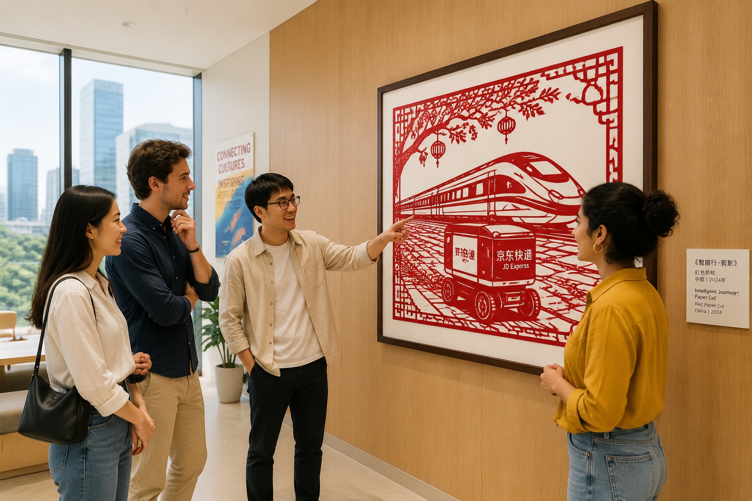 Millennium Magic on Fingertips: Unveiling the Lost Art of Modern Chinese Paper Cutting 23 An international audience admiring a modern Chinese paper cutting artwork featuring a delivery robot and train, displayed in a contemporary living room setting as a conversation starter.