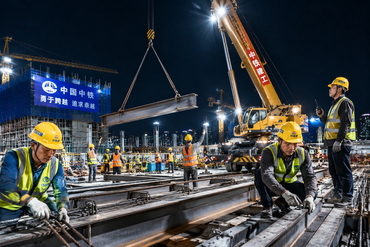 Night view of rapid hospital construction in China with workers and heavy machinery illuminated by floodlights