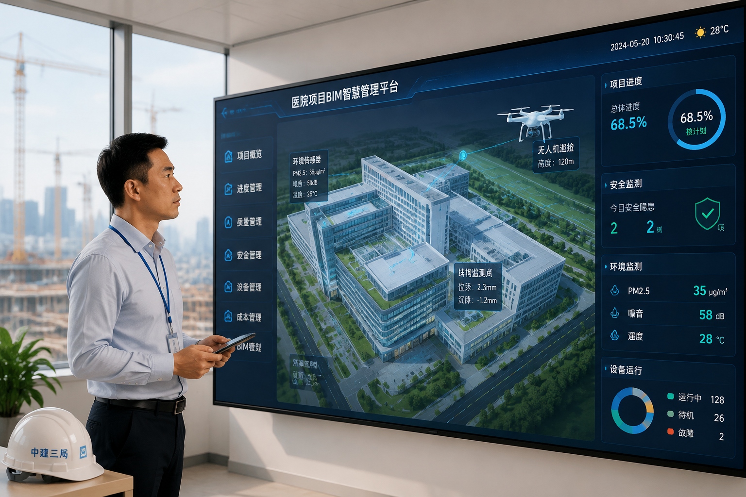 Engineer monitoring digital construction progress using BIM technology and 5G network data on a tablet