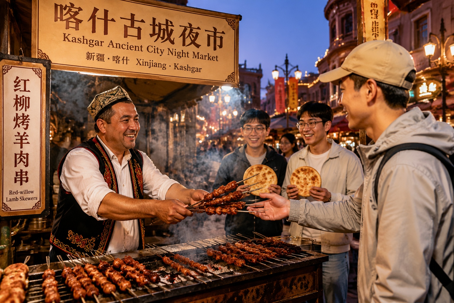 Uyghur vendor handing lamb skewers to a traveller at a Kashgar night market