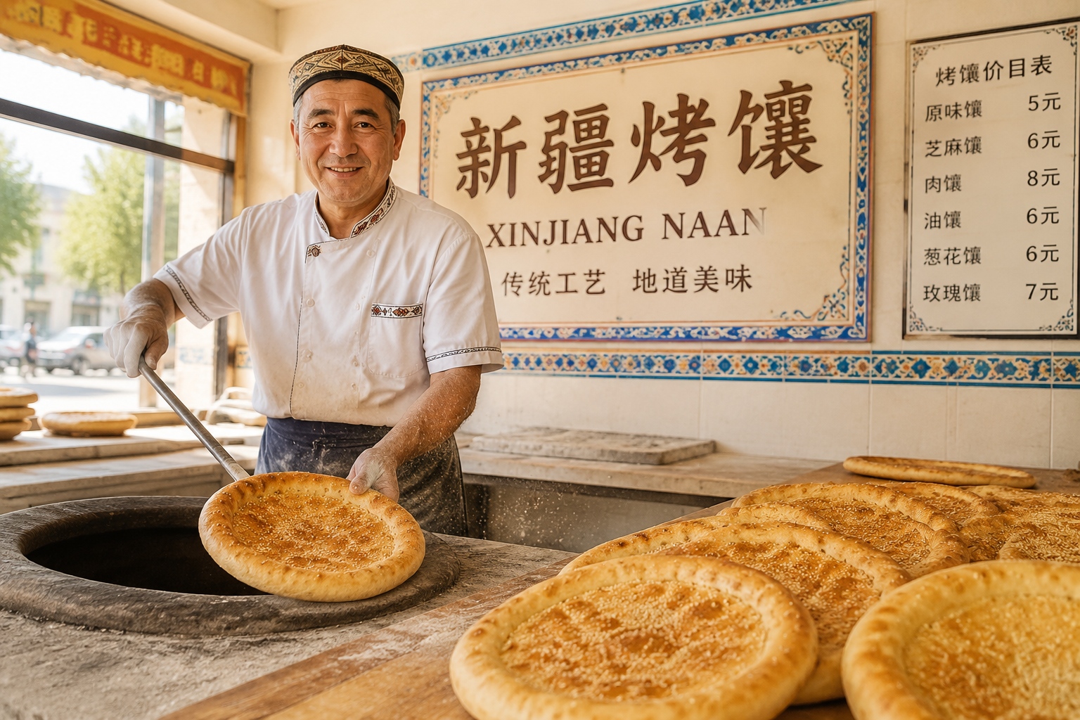 Fresh Xinjiang naan bread being taken out of a tandoor oven in Urumqi