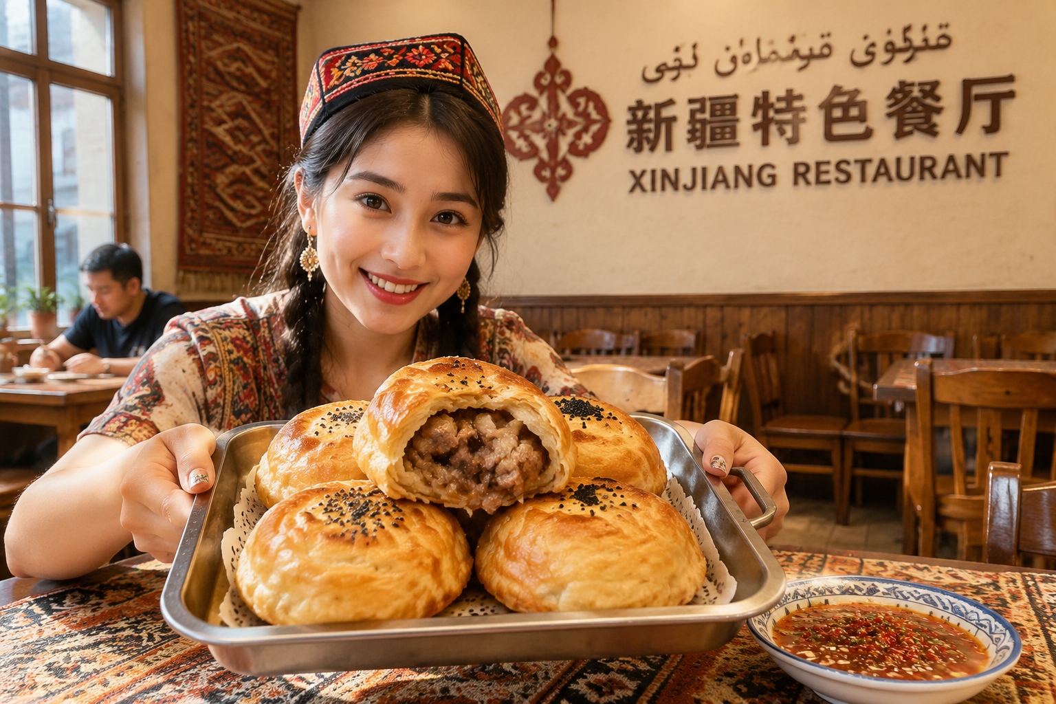 Golden baked samsa lamb pies served with vinegar and chilli at a Xinjiang restaurant