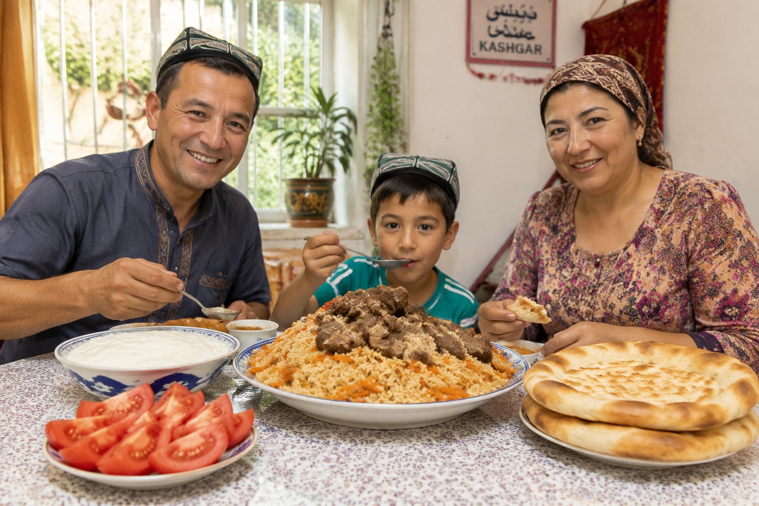 Xinjiang polo rice with lamb, yogurt and naan on a restaurant table in Kashgar