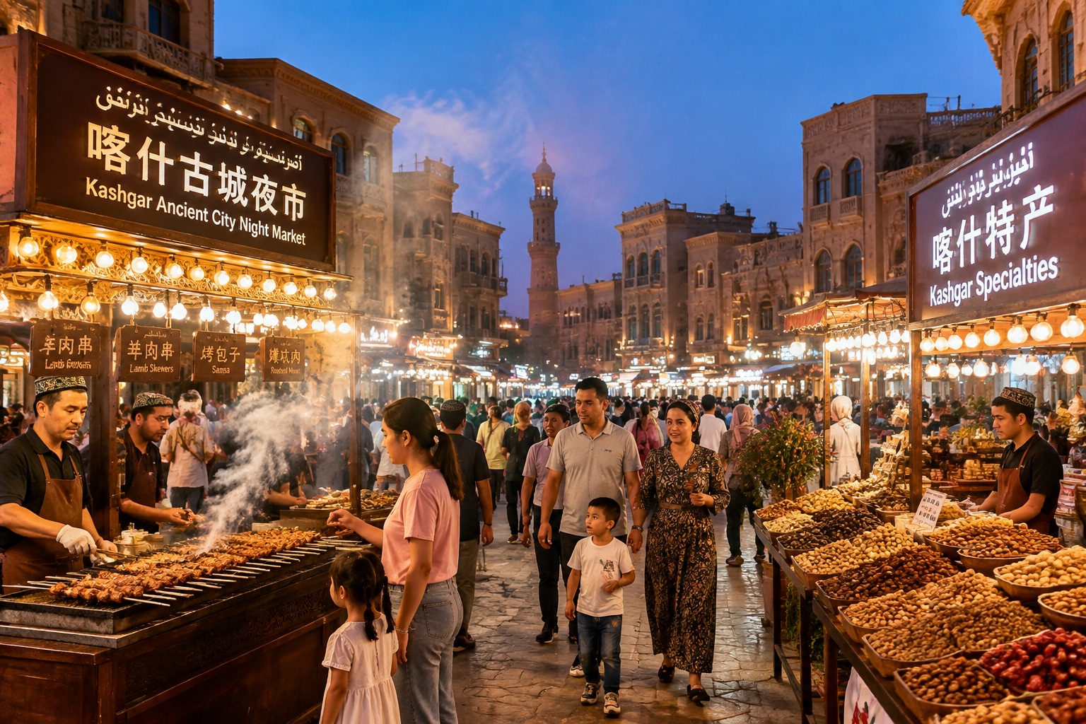 Evening food street in Kashgar old city with kebab grills and naan stalls